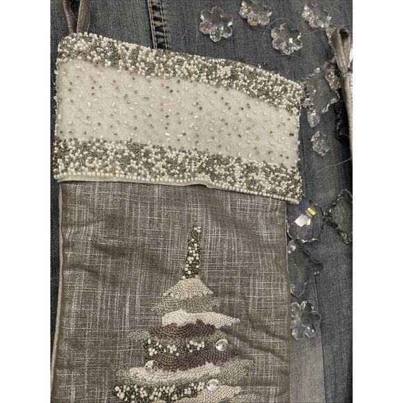 Pier 1 Imports CHRISTMAS STOCKING Holiday 18" Beaded Silver& White Tree‎ Set 2 - Picture 2 of 7